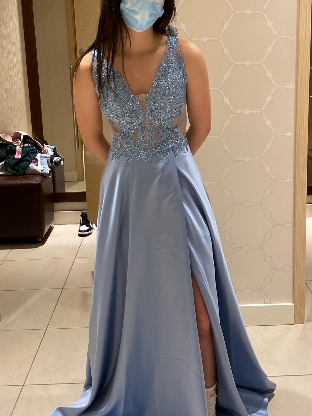 Light Blue Beaded V-Neck Prom Dress with Side Slit
